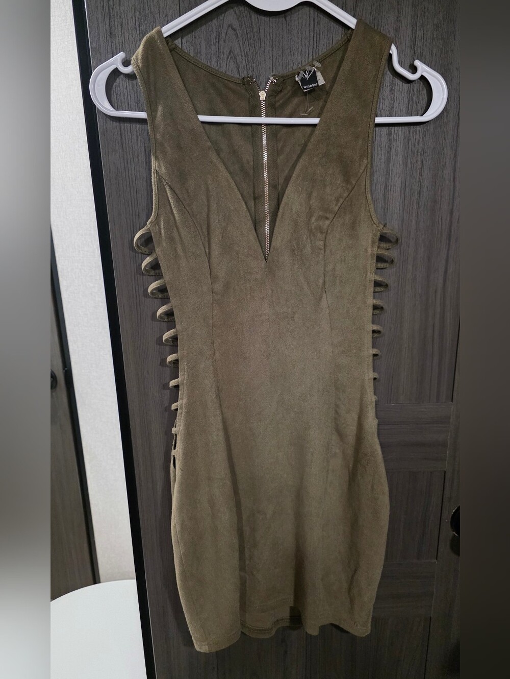 Windsor Mini Dress Small Olive Green Faux Suede Side Cutouts Sleeveless V Neck